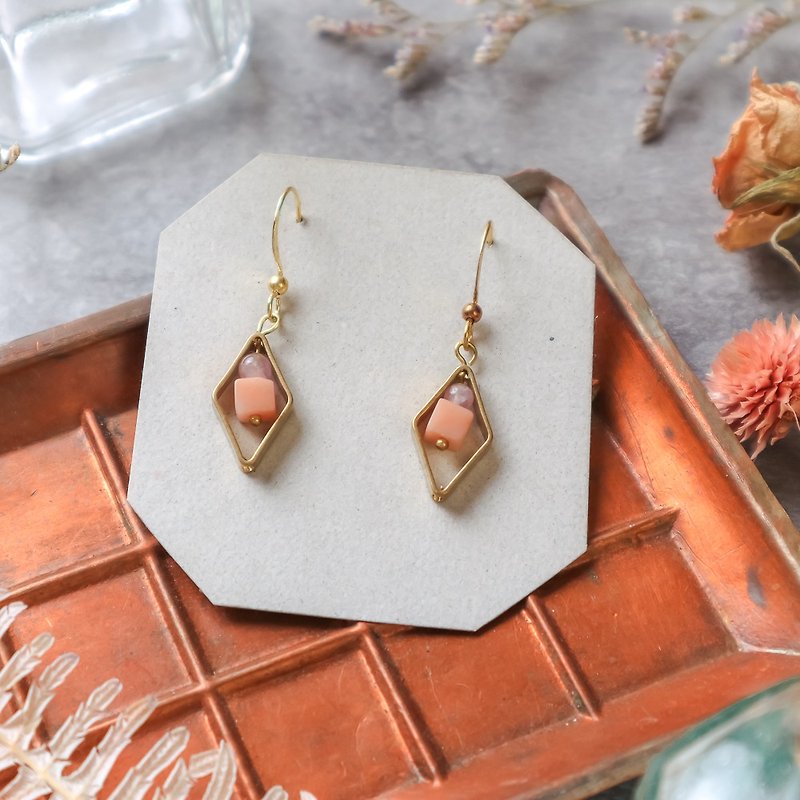 Natural Stone Geometric Brass Earrings - Lily of the Valley - Earrings & Clip-ons - Copper & Brass Pink