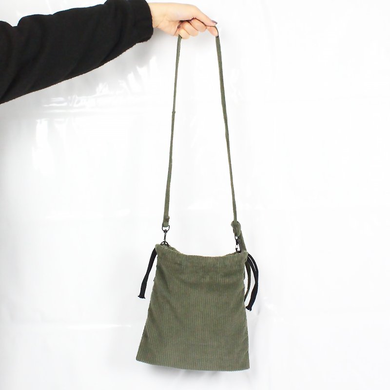Corduroy Drawstring Crossbody Bag-Dark Green - Messenger Bags & Sling Bags - Cotton & Hemp Green