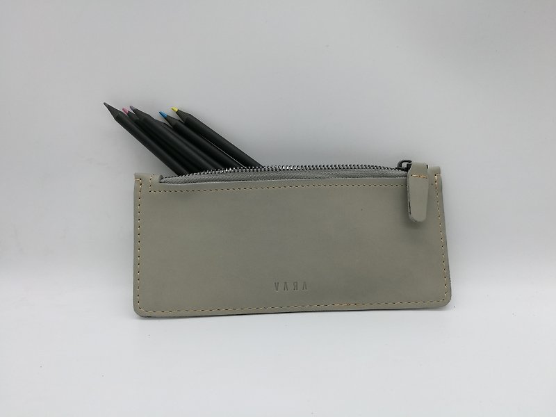 Long leather zip pouch ( Light Grey) - 銀包 - 真皮 灰色