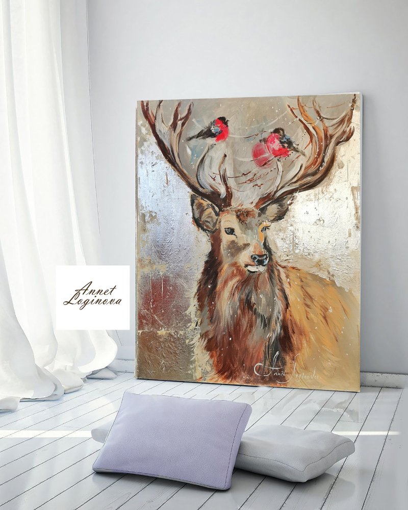 冬之雄姿——银箔雄鹿艺术印刷品 - 壁貼/牆壁裝飾 - 棉．麻 灰色