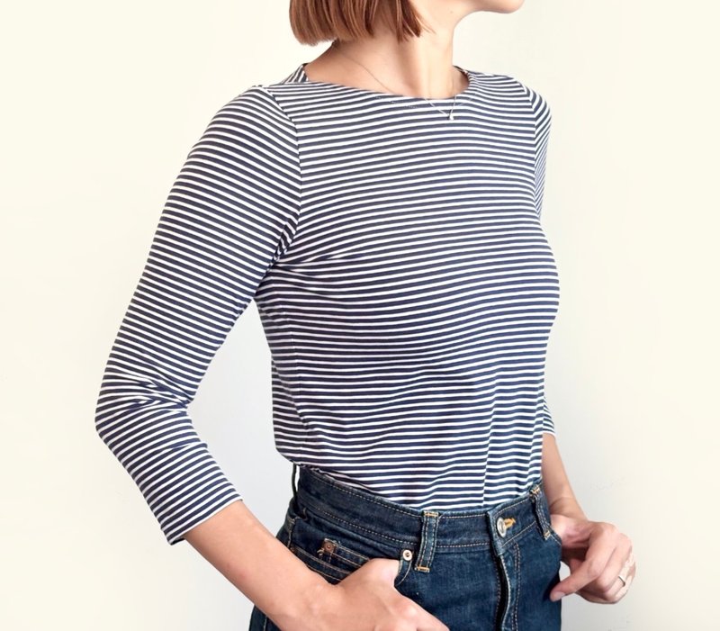 【フランス製生地 使用】形にこだわった フレンチボーダー ボートネックTシャツ 7分袖【サイズ展開有】 - 女 T 恤 - 棉．麻 黑色