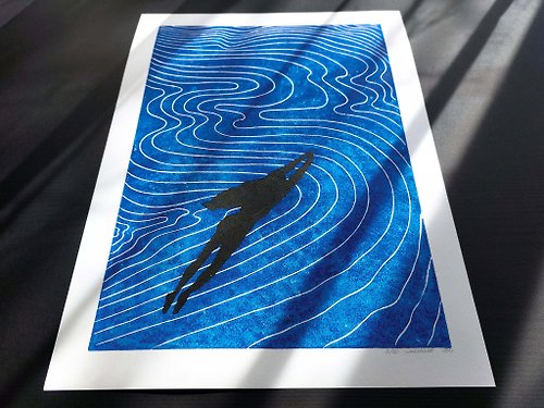 Girl swimming and abstract blue water wall art Linocut print Original 