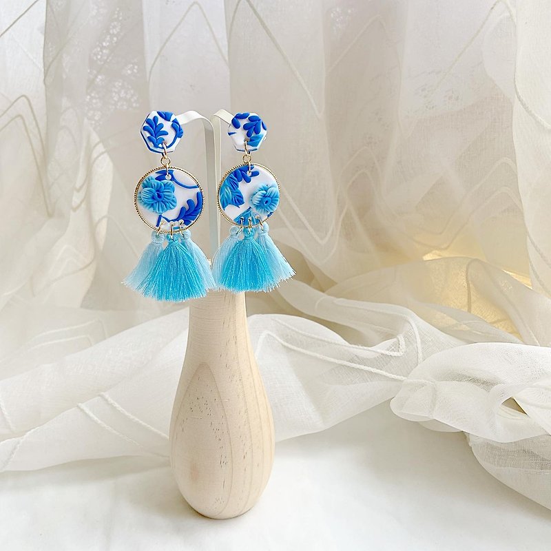 莫林-青花瓷系列-耳環 - 耳環/耳夾 - 陶 藍色