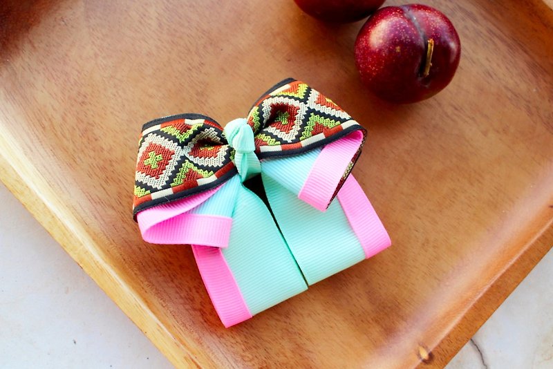Ethnic Pattern Bow Hair Tie-Pink Blue Sunset - Hair Accessories - Other Materials Blue