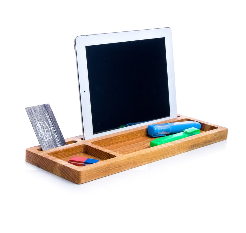 Desk organizer Catchall tray iPad and iPhone stand Kitchen tablet wood holder - 筆筒/筆座 - 木頭 