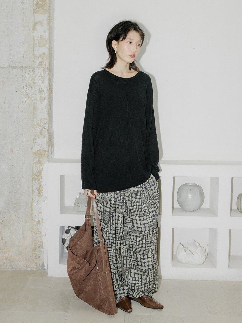 法式極簡 / 慵懶卷邊針織毛衣 / 羊毛 - 女裝毛衣/針織衫 - 其他材質 黑色