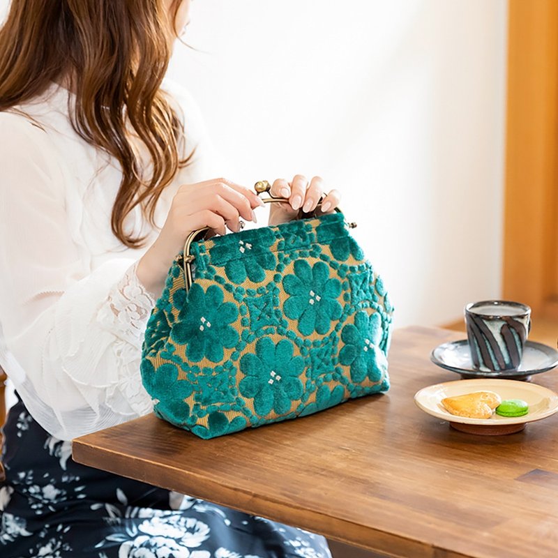 横長ベンリーがま口バッグ モケットはなのわ ハンドバッグ Frame Bag 牛革ハンドル付 日本製 - 手提包/手提袋 - 聚酯纖維 紫色