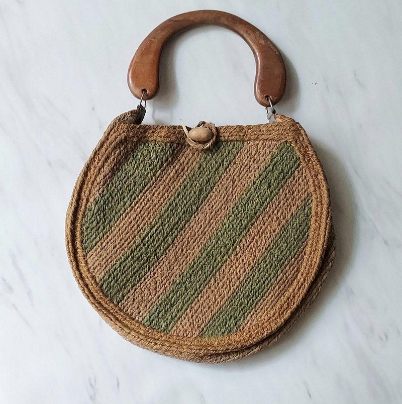 Old European rustic flavor handmade early wooden handle rattan bag Wenqing style fresh and natural - กระเป๋าถือ - ผ้าฝ้าย/ผ้าลินิน 