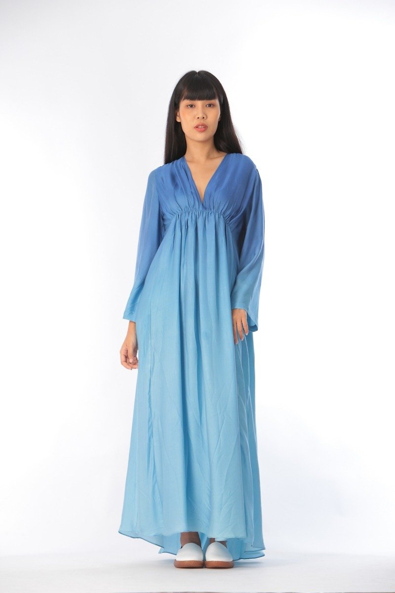 Hand Painted Silk Kaftan - One Piece Dresses - Silk Blue