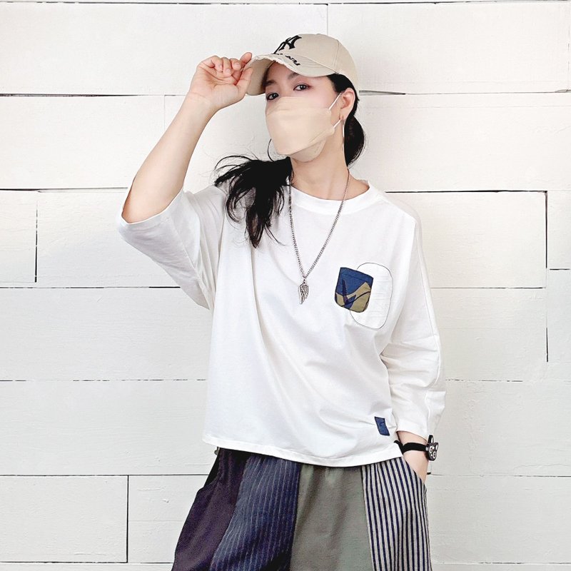白 - 拼花抓褶前短後長七分袖上衣 #U1162 - 女上衣/長袖上衣 - 棉．麻 白色