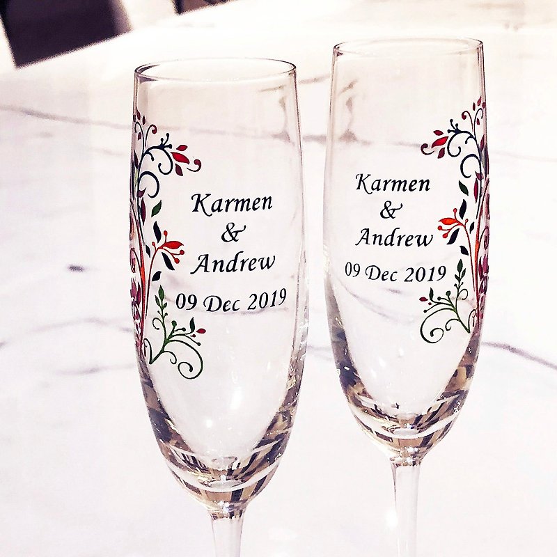 Champagne Glasses -  Floral Leaves (Including casting & coloring names & date) - แก้วไวน์ - แก้ว หลากหลายสี