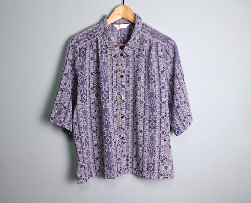 FOAK vintage blue purple retro court drawing shirt - เสื้อเชิ้ตผู้หญิง - วัสดุอื่นๆ 
