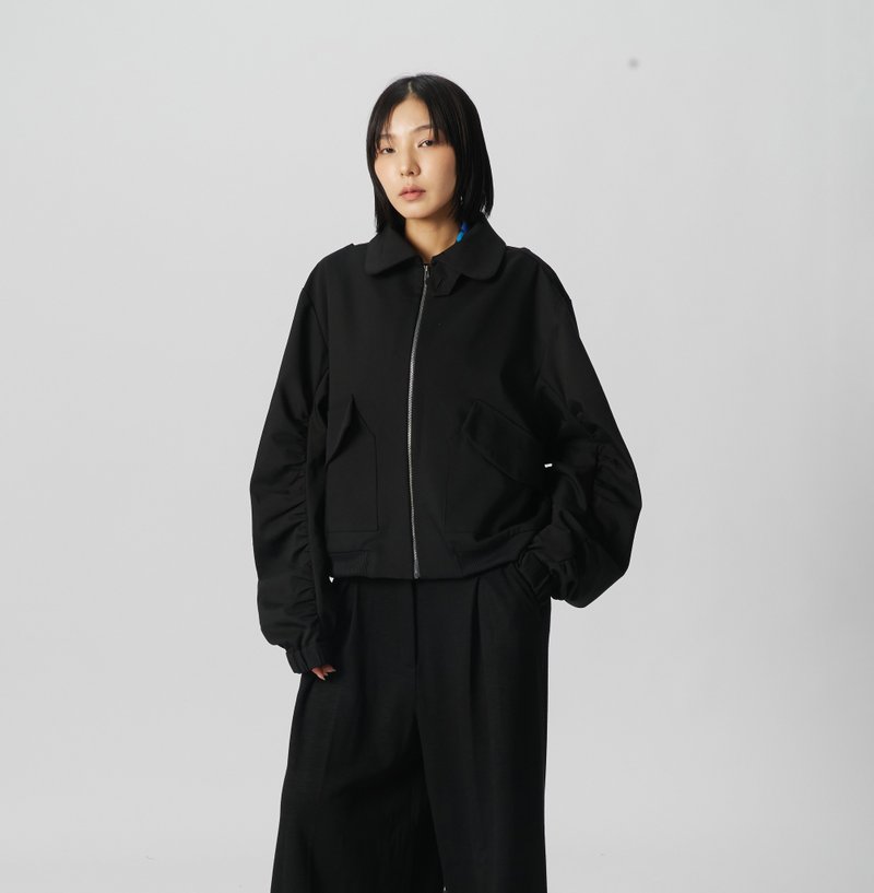 抽皺造型黑色工裝外套 抗皺輕機能 - 女大衣/外套 - 棉．麻 黑色