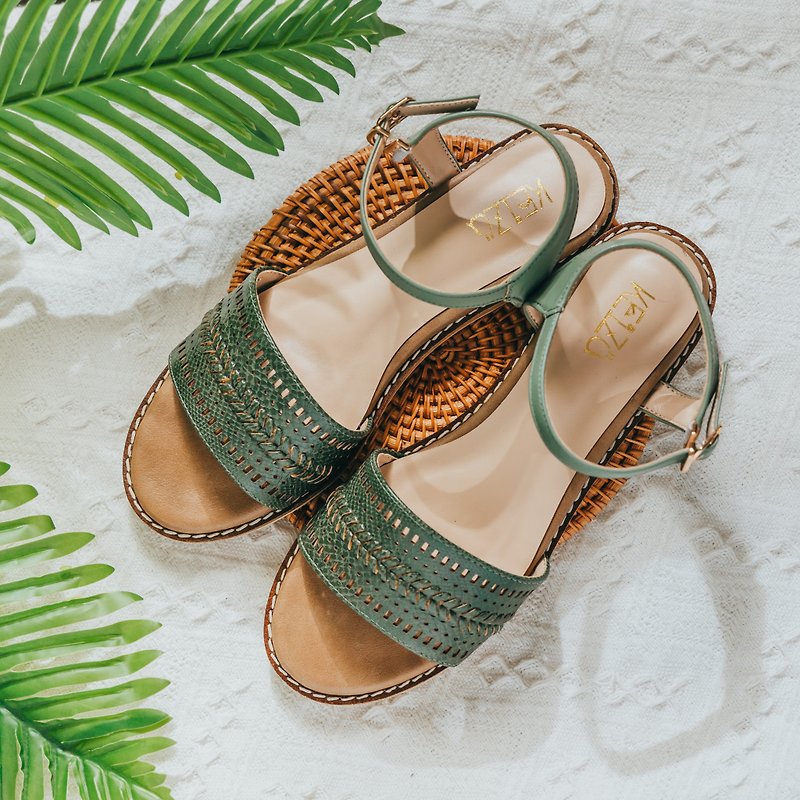 [Out of Print Offer] Nuanchen Trail Braided Flat Sandals | Green | Korean Design - Sandals - Faux Leather Green