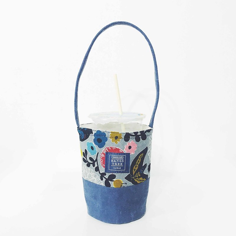 飲料提袋 - 復古花鳥 - 杯袋/飲料提袋 - 棉．麻 藍色