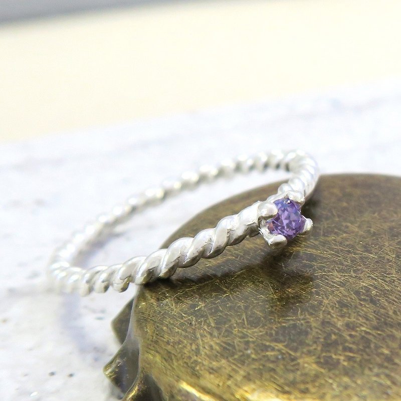客制訂製-麻花爪鑲戒 純銀電鍍玫瑰金+紫色鋯石 - 戒指 - 銀 紫色