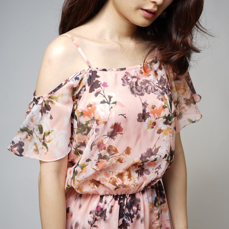 炎夏對策系列 仙女 不對稱 花朵 開衩長洋裝 - 洋裝/連身裙 - 聚酯纖維 粉紅色