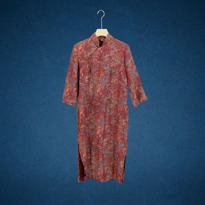二手 深桃紅碎花款式 古董訂製 七分袖 薄旗袍 CA0803 - 洋裝/連身裙 - 聚酯纖維 紅色