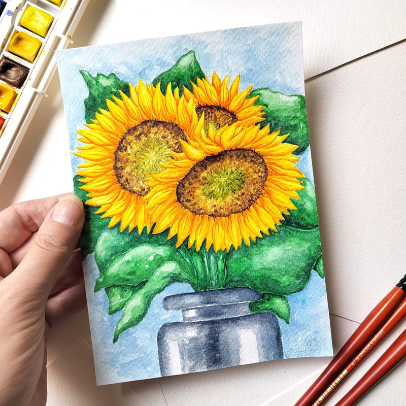 Original Sunflower Watercolor Painting - Wall Décor - Paper Multicolor