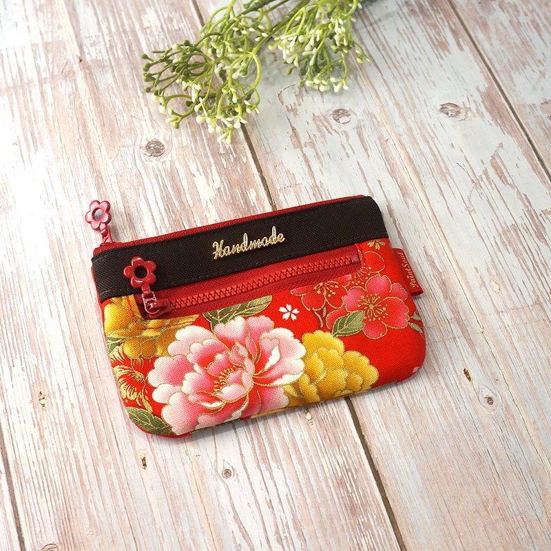 Double-Layered Coin Purse (S) _ Classic Hot-Stamped Peony _ Pattern A - กระเป๋าใส่เหรียญ - ผ้าฝ้าย/ผ้าลินิน สีแดง
