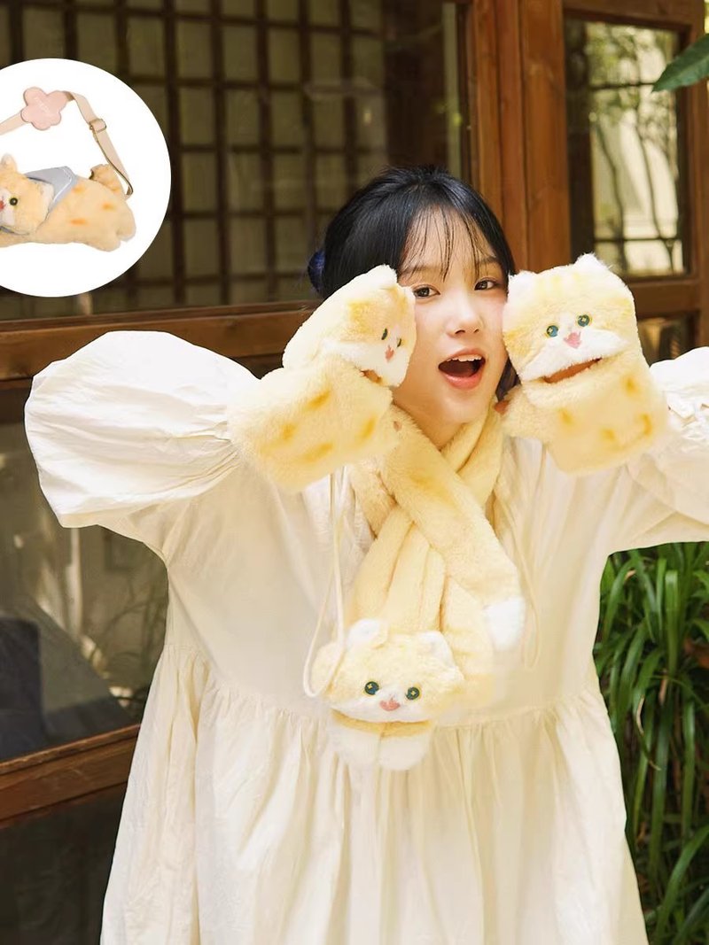 mewji original cat cute JK Japanese girl orange cat scarf plush autumn and winter scarf gloves and shoulder bag - กระเป๋าแมสเซนเจอร์ - เส้นใยสังเคราะห์ 