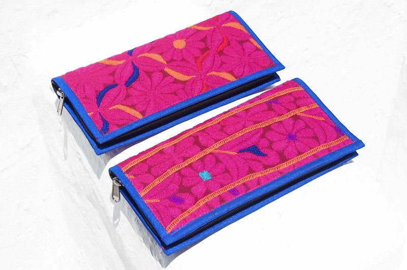 Hand-embroidered wallet, ethnic style long clip, embroidered wallet, handmade lace long clip-desert flower embroidery bag - Wallets - Cotton & Hemp Pink