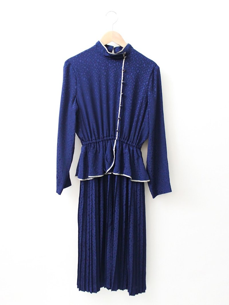 【RE1004D1457】 early autumn Japanese system retro dark blue elegant cut collar long-sleeved ancient dress - ชุดเดรส - เส้นใยสังเคราะห์ สีน้ำเงิน