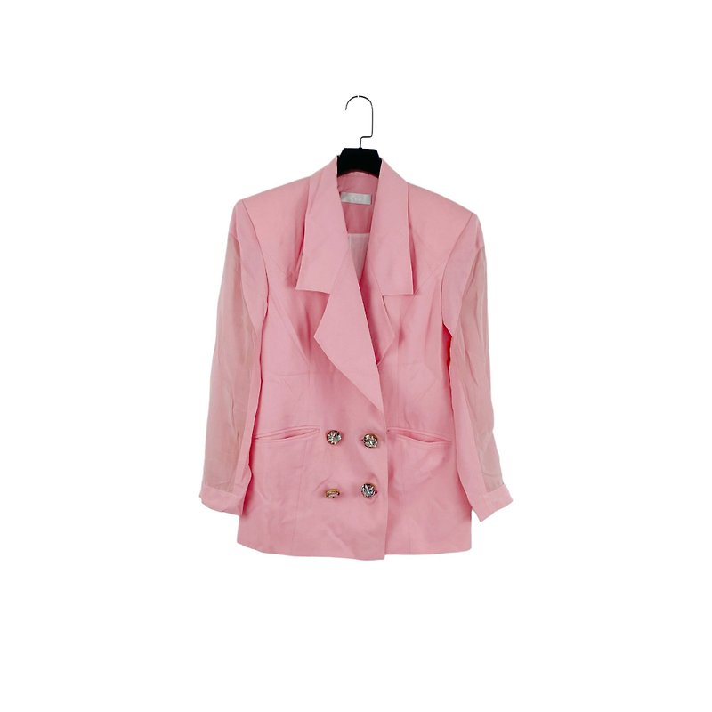 Second-hand pink light diamond button splicing tulle sleeve suit jacket OPD323B - เสื้อสูท/เสื้อคลุมยาว - เส้นใยสังเคราะห์ สึชมพู