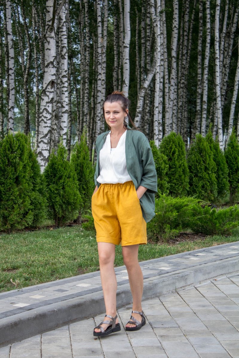 Mustard Linen Shorts Women - High waisted shorts - Linen Shorts with pockets - 女短褲/五分褲 - 亞麻 橘色