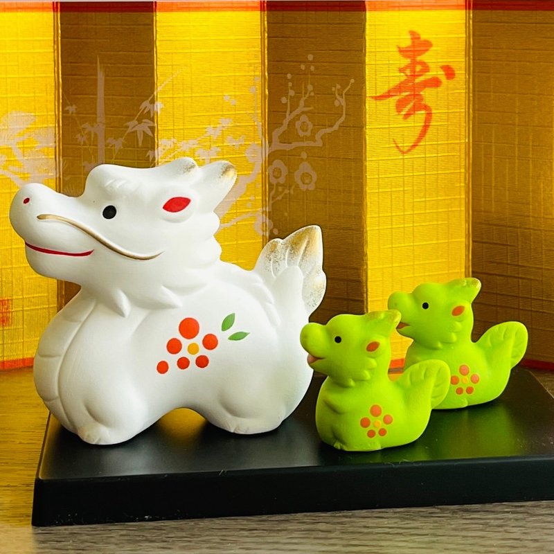 Seto Ware Yakushi Kiln-Longevity Parent-Child Dragon - ของวางตกแต่ง - ดินเผา สีเขียว