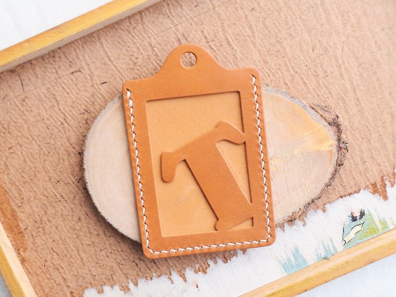 Initial T letter ID cover well stitched leather material bag card holder business card holder free engraving - เครื่องหนัง - หนังแท้ สีส้ม
