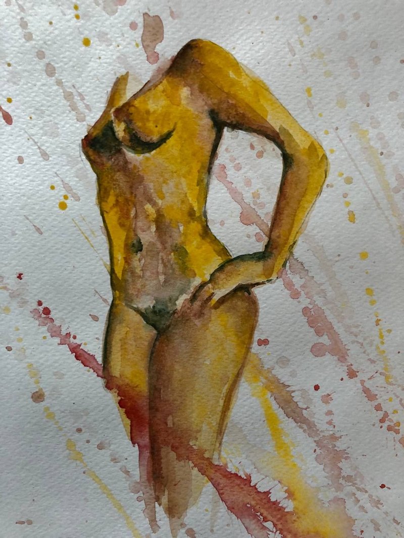 Sunny Beach Woman Original Art Collectible Watercolor Small Painting Wall Art - 壁貼/牆壁裝飾 - 紙 