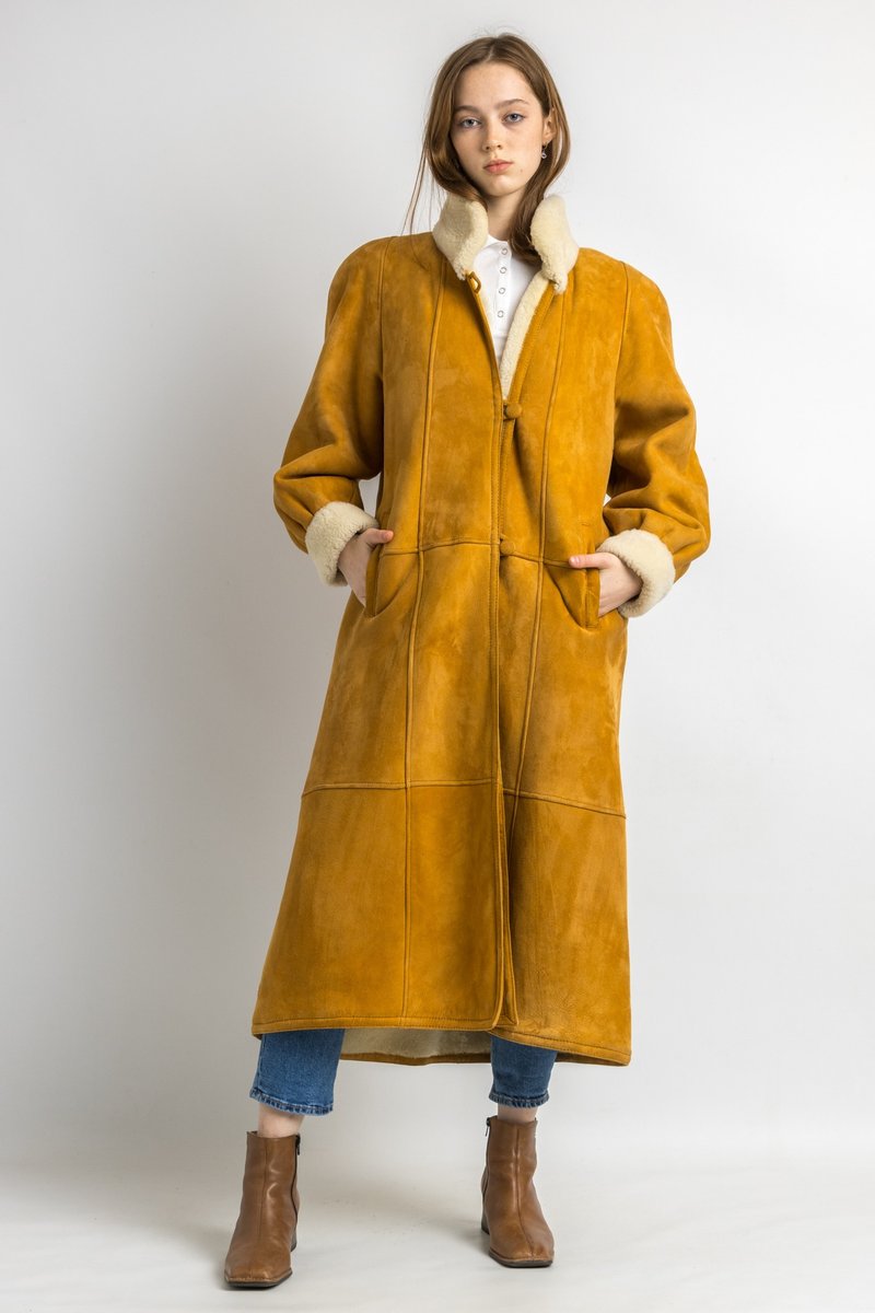 80's Shearling Coat vintage brown sheepskin shearling winter classic coat 5916 - เสื้อแจ็คเก็ต - หนังแท้ สีนำ้ตาล