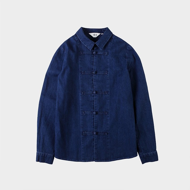 Cotton denim plate buckle shirt - เสื้อเชิ้ตผู้หญิง - ผ้าฝ้าย/ผ้าลินิน สีน้ำเงิน