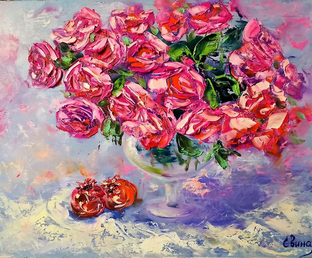 ザクロ ピンクのバラの花束 花瓶 油絵 インパスト オリジナル