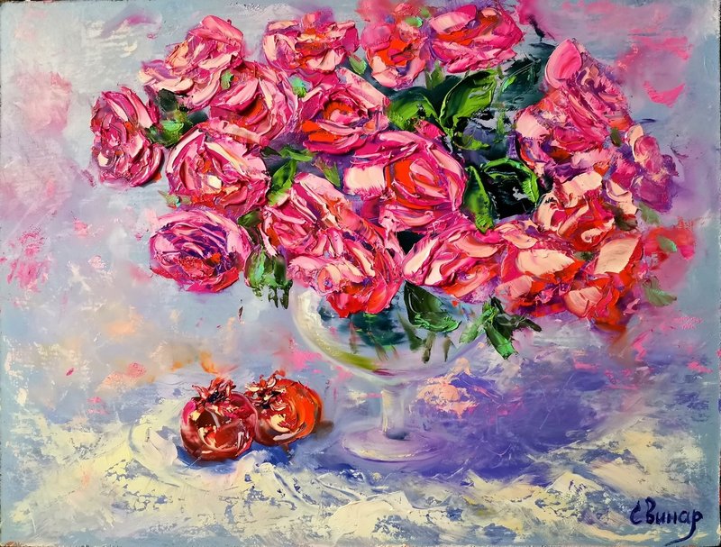 Pomegranate Pink Roses Bouquet Vase Oil Painting Impasto Original Artist Svinar - อื่นๆ - วัสดุอื่นๆ หลากหลายสี