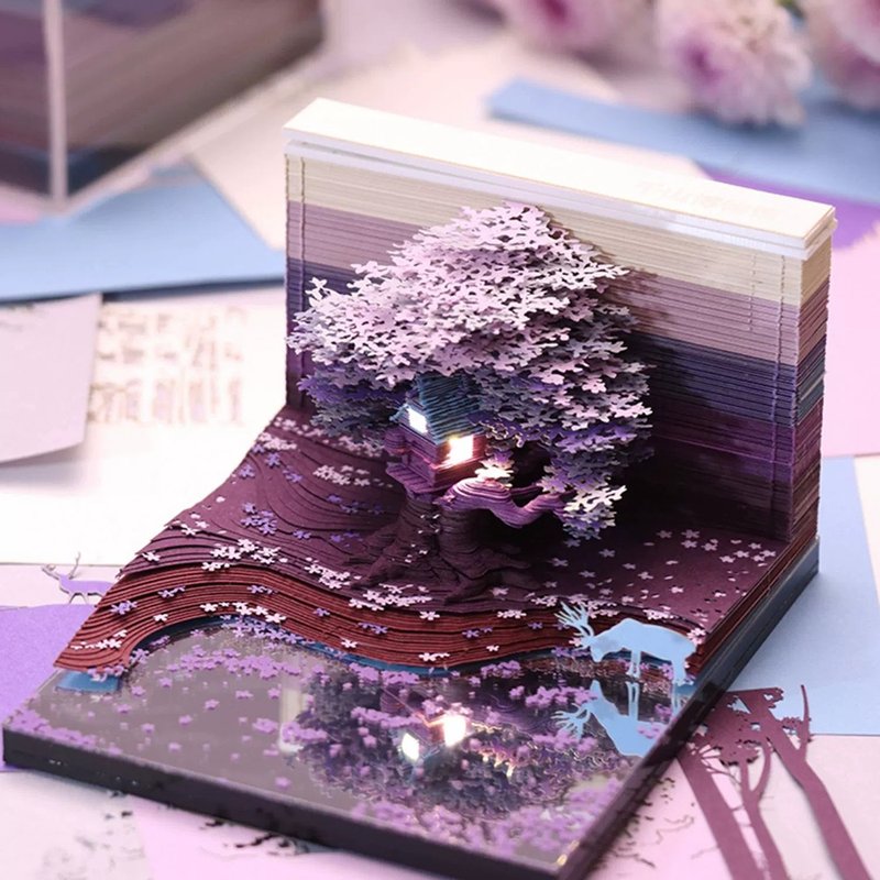 Paper carving art – Purple Cherry Dream light version / note paper / night light / decoration - Sticky Notes & Notepads - Paper 