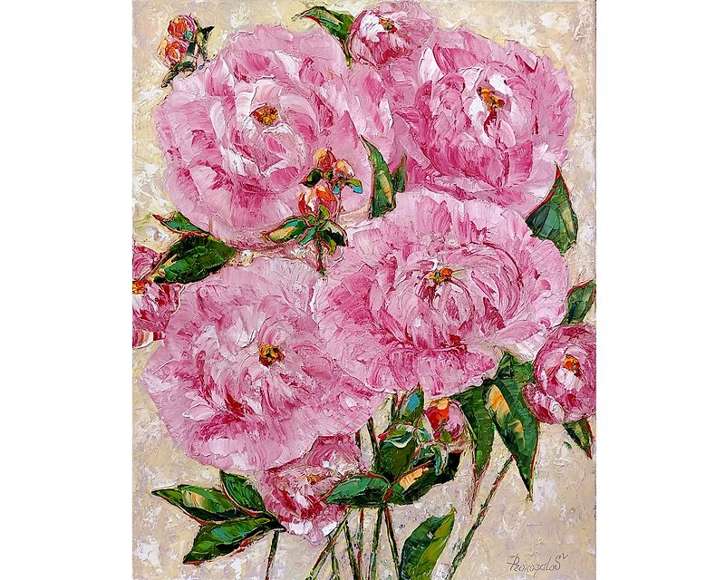 Peony Painting Flower Original Art Floral Wall Art Pink Peonies In Vase 20x16 in - 牆貼/牆身裝飾 - 其他材質 粉紅色