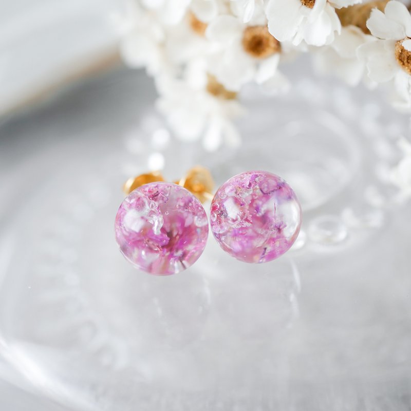 dried flower pierce/lace flower/small pink - Earrings & Clip-ons - Resin Pink