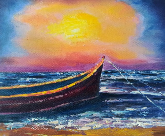ボート油絵 キャンバス 15x20cm 月光 海景アートワーク 小さな壁アート