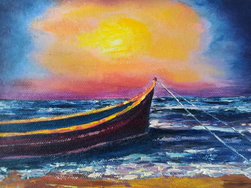 Boat Oil Painting on Canvas 15x20cm Moonlight Seascape Artwork Small Wall Art - 海報/掛畫/掛布 - 其他材質 多色