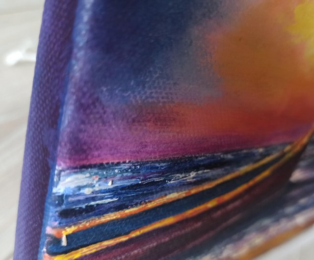 ボート油絵 キャンバス 15x20cm 月光 海景アートワーク 小さな壁アート