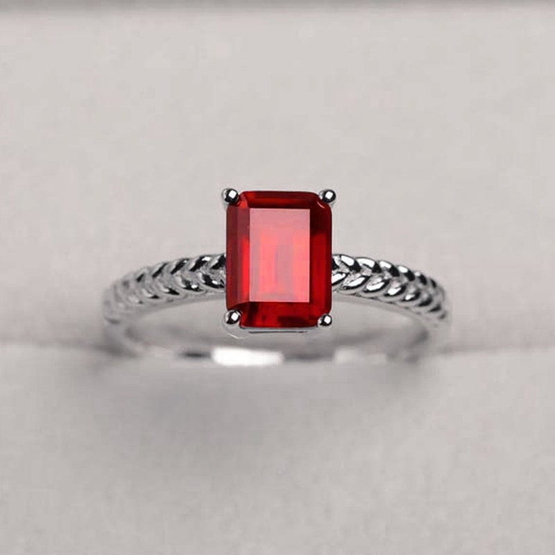 9 x 7 mm. Natural ruby ring silver sterling size 7.0 free resize / Square - 戒指 - 純銀 紅色