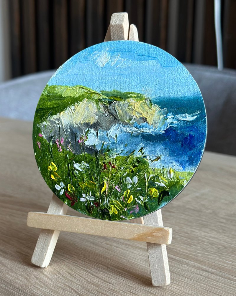 Small Round Oil Painting with Sea Theme - 壁貼/牆壁裝飾 - 其他材質 