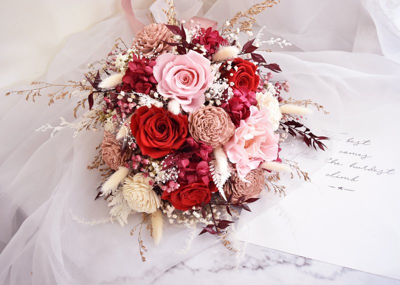 粉紅玫瑰捧花 乾燥花 不凋花 捧花 結婚 新年 胸花 婚禮小物 婚禮 - 乾燥花/永生花 - 植物．花 紅色