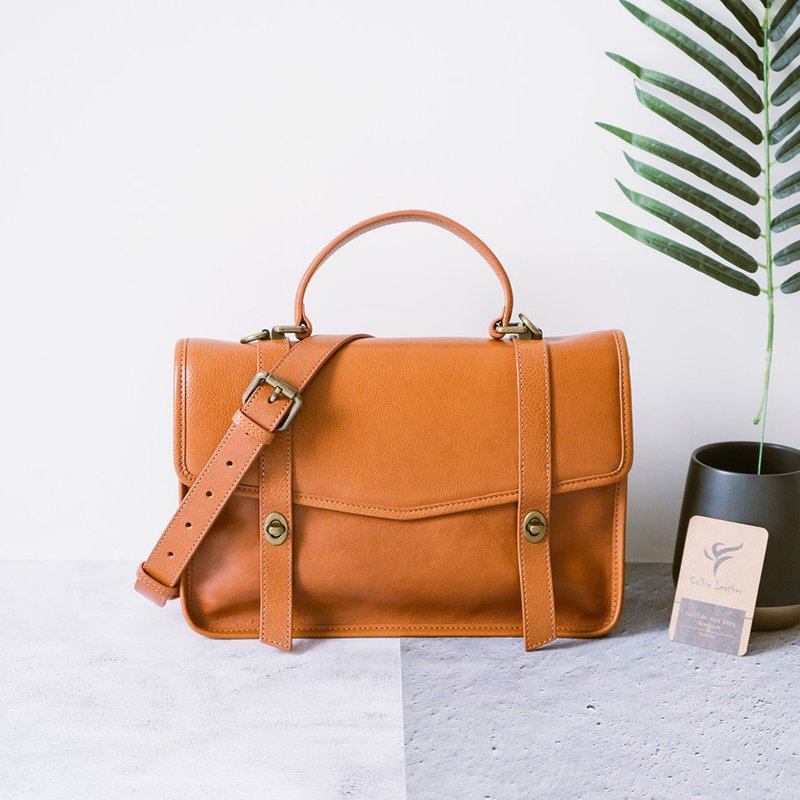 真皮手提斜背中包 22379 黃棕V - 側背包/斜背包 - 真皮 橘色