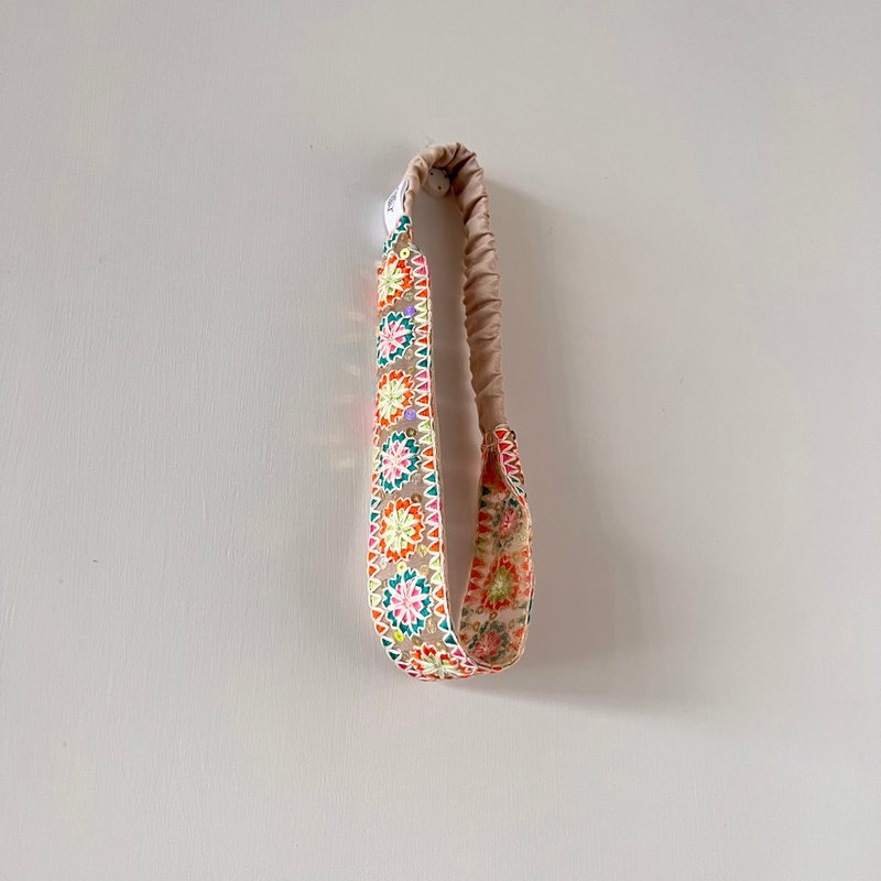 印度製精工刺繡民族編織鬆緊髮帶 橘拼綠 - 髮夾/髮圈 - 棉．麻 多色