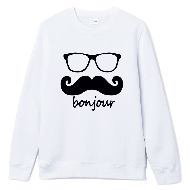bonjour 中性大學T 刷毛 白色 法國 鬍子 鬍鬚 復古 眼鏡 文青 藝術 設計 原創 品牌 時髦 - 女裝 上衣 - 棉．麻 白色