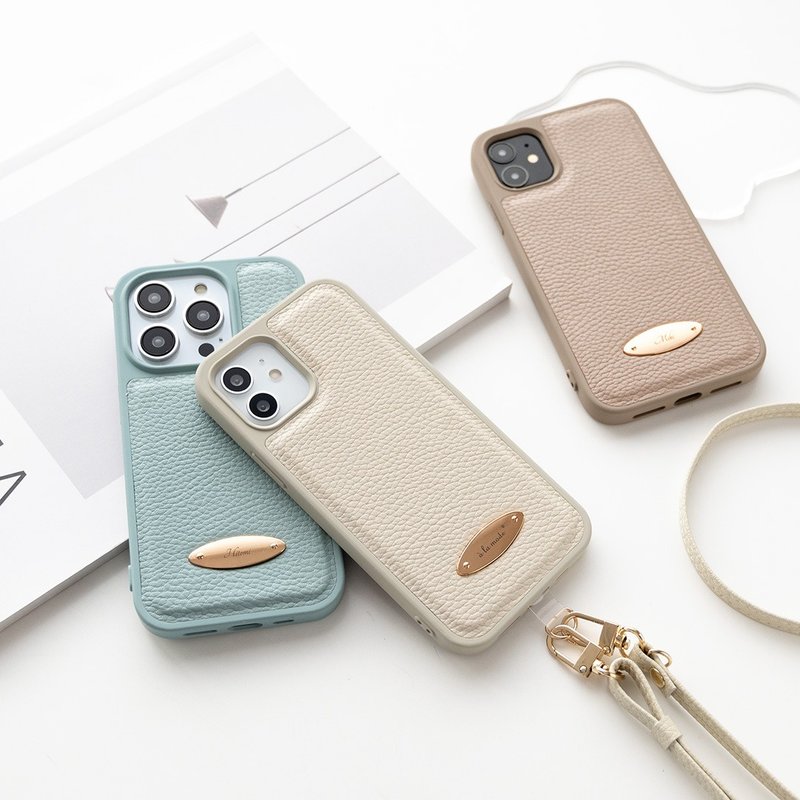 多機種対応 カラーリアケース オーバルプレート 【 Simple 】 名入れ iPhone スマホケース 刻印 スマホショルダー くすみカラー JA16A - 手機殼/手機套 - 真皮 咖啡色