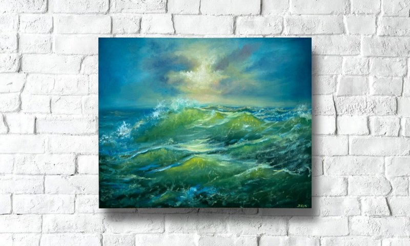 Wave Oil Painting On Canvas, Original Seascape Art, Ocean Wave Coastal Wall Art - 海報/掛畫/掛布 - 其他材質 綠色